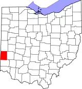 Mapa de Ohio con la ubicación del condado de Preble