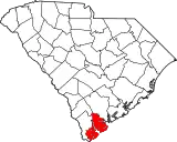 Mapa de Carolina del Sur con la ubicación del condado de Beaufort
