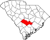 Mapa de Carolina del Sur con la ubicación del condado de Orangeburg