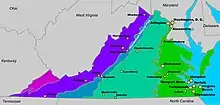 Mapa del estado de Virginia, Estados Unidos, con sus cinco regiones representadas por un color diferente cada una y sus ciudades principales