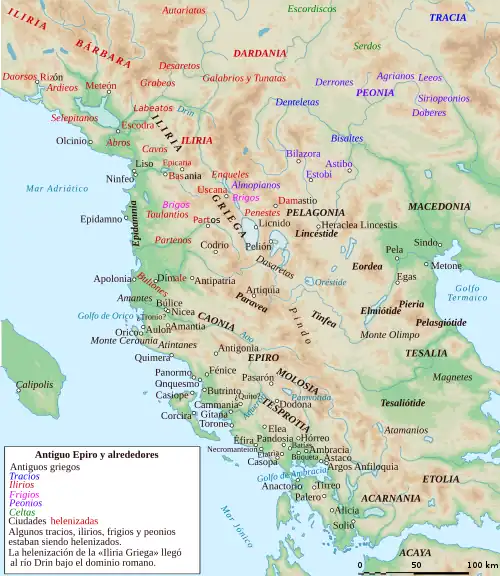 Mapa con las las poblaciones y tribus de Iliria y Epiro.