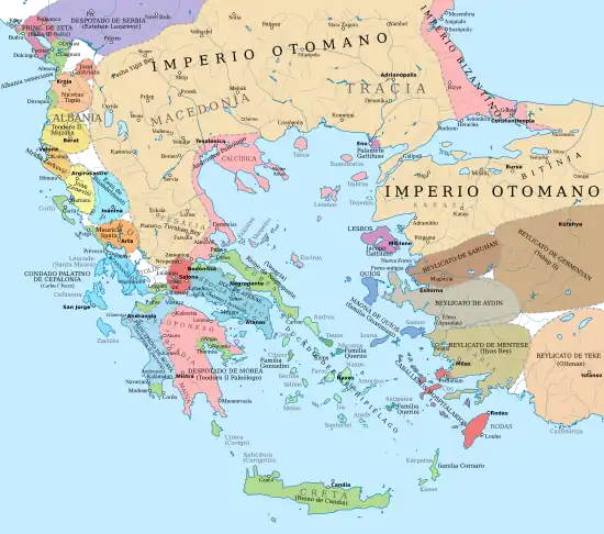 Map of western Anatolia, the Aegean, and the southern Balkans, with states marked by different colours, and the main cities of the period and rivers