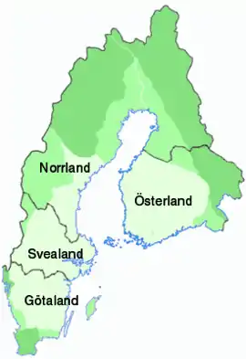 Regiones históricas de Suecia (delimitadas por fronteras grises). Las diferentes ondas de expansión se representan con diferentes tonos de color: las áreas más claras muestran la extensión aproximada de Suecia en el siglo XIII y principios del XIV. La frontera nacional actual con Finlandia se representa en blanco.