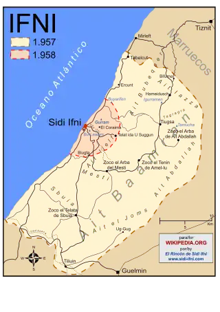 Extensión del territorio de Ifni antes y después de la Guerra de Ifni-Sáhara, guerra que España libró con Marruecos desde noviembre de 1957 hasta junio de 1958.