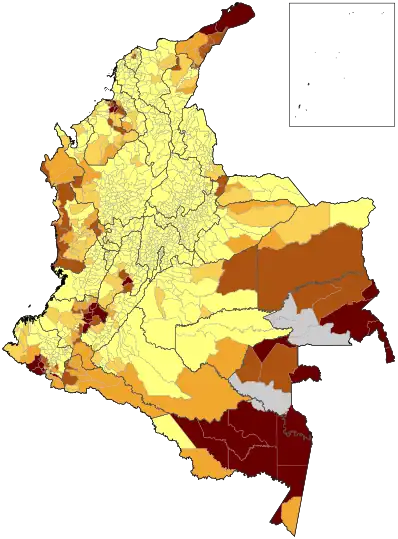 Población amerindia de Colombia por municipio en 2005.     61.4% - T100%     29.6% - 61.3%     11.7% - 29.5%     2.9% - 11.6%     0% - 2.8%     Sin datos