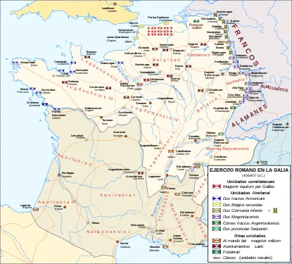 Distribución del ejército romano en la Galia a final del siglo IV / inicios del V.