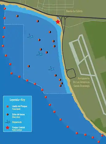 Mapa del parque nacional Submarino La Caleta, que indica los límites del parque y las áreas de buceo