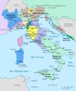 Italia en 1733, antes de la guerra de sucesión polaca