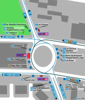 Mapa de la estación de Mar de Cristal con los accesos al Metro y los recorridos de los autobuses de la EMT que pasan por ella, entre los que se encuentra la línea 172.