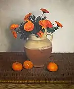 Cántaro pirenaico vasco, cruche o brocca usado como jarro-florero en el bodegón de Felix Valloton Marigolds and Tangerines (1924). Galería Nacional de Arte.