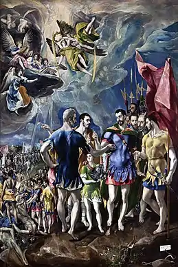 El Greco. El Martirio de San Mauricio.  una de las figuras en primer plano que porta un estandarte ha sido identidicado como San Cándido.