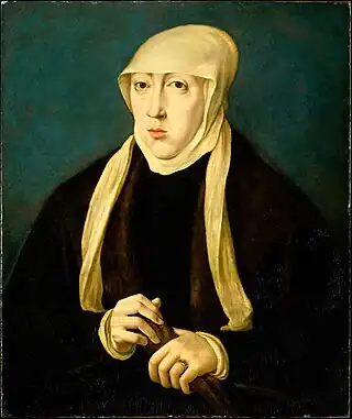 María de Austria, reina de Hungría y regente de los Países Bajos, por Jan Cornelisz Vermeyen (1500–1559), quien también fue pintor de la corte en Malinas de la regente Margarita de Austria y del propio Carlos V, documentando la expedición a Túnez de 1535.