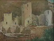 "Cliff Palace" de Mary Agnes Yerkes, 1973, pastel sobre tabla de lienzo.