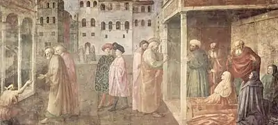 Curación del lisiado y resurrección de Tabita, Masolino y Masaccio