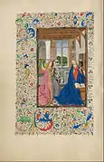 Anunciación, ilustración de las Horas Llangattock, del maestro homónimo, (1445-1460), relacionado con el taller de los Van Eyck en Brujas.