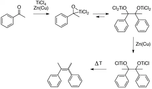 Un mecanismo propuesto cuando TiCl4 y Zn (Cu) se utilizan para el acoplamiento de la benzofenona, como se propone en una referencia. Tenga en cuenta que el mecanismo puede variar cuando las condiciones se utilizan son diferentes.