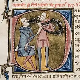 Extracción dental en la ilustración de una letra capitular de Omne Bonum (ca. 1360–1375).