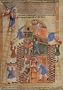 Oficios de la construcción. Ilustración del siglo XI (Construcción de la torre de Babel, del Maestro del Pentateuco).