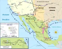 Map of the southwestern United States, including Texas, and also displaying Mexico, with the movements of the forces in the war marked on it