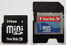 Tarjeta de memoria MiniSD de 256 MB (izquierda) y adaptador (derecha).