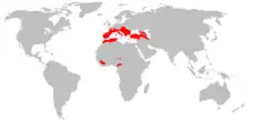 Mapa de distribución de Miniopterus schreibersii.