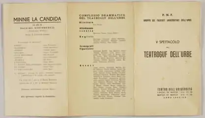 Portada de la obra de teatro Minnie la candida (1926) de Massimo Bontempelli. Dirección de Ruggero Jacobbi; TeatroGUF dell'Urbe.