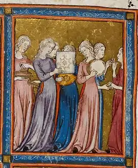 Miriam y las hebreas celebran el cruce del Mar Rojo. Réplica de la Hagadá de Oro, Barcelona, c. 1320.