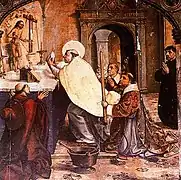 Óleo sobre tabla (entre 1495 y 1499), que muestra el milagro ocurrido a San Gregorio mientras celebraba misa, obra de Pedro Berruguete, se conserva en la Catedral de Segovia.