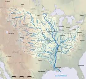 Wichita en un mapa de la cuenca del Misisipi