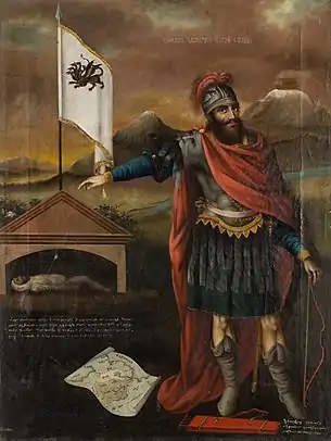 Hayk, primer rey de Armenia, señala el cadáver de Bel. Al fondo, el Ararat con el Arca de Noé en su cumbre.