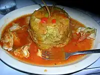 Mofongo con caldo de pollo (Puerto Rico)