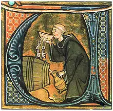 Un monje celador catando vino de un barril mientras llena una jarro. De Li Livres dou Santé por Aldobrandino de Siena (Francia, fines del Siglo XIII).