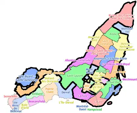 Mapa actual de Montreal y de sus 15 distritos (la sección rodeada por una línea más gruesa).