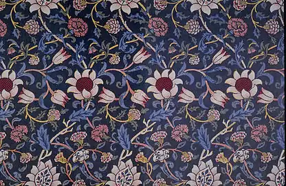 Evenlode índigo y textil estampado en bloque, Morris, 1883