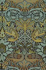 Tela de lana tejida con pavo real y dragón, Morris, 1878