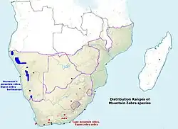 Mapa de distribución de E. z. zebra y E. z. hartmannae