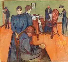 Edvard Munch: Muerte en la habitación de la enferma (1893), óleo sobre lienzo, 152,5 × 169,5 cm, Galería Nacional de Noruega.