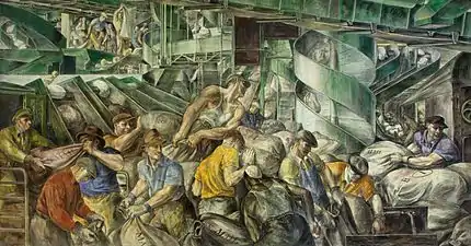 Trabajadores clasificando el correo, un mural en la Aduana de los Estados Unidos en Nueva York por Reginald Marsh (1936).