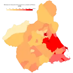 Densidad de población por municipio en la región de Murcia en el año 2018