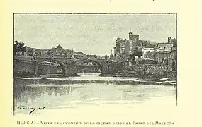 El Puente Viejo de Murcia visto desde el Paseo del Malecón. Siglo XIX.