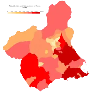 Población de los municipios de la región de Murcia en el año 2018