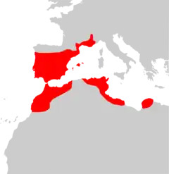 Mapa de distribución de Mus spretus.