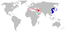 Distribución de M. capaccinii (en rojo) y del sinonimio M. macrodactylus (en azul).