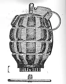 Dibujo de la granada de fusil Mills N°36, con su disco obturador para dispararse desde una bocacha lanzagranadas.