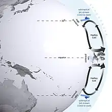 Sección transversal que muestra el movimiento vertical y meridional del aire alrededor de las células de Hadley en los hemisferios norte y sur