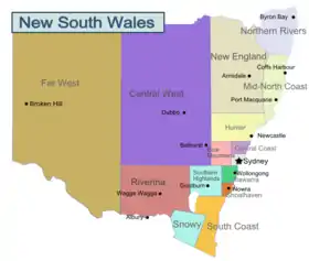 Un mapa con las subdivisiones regionales de Nueva Gales del Sur