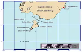 Localización de las islas Snares en relación con Nueva Zelanda