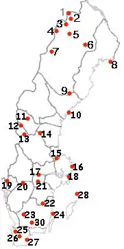 El mapa sitúa los Parques Nacionales de Suecia. Hamra es el número 14.