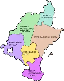 Merindades de Navarra (1463-1523)Así quedó el Reino de Navarra dividido en merindades, después de la pérdida de las comarcas de Laguardia y Los Arcos en 1463, durante la Guerra Civil de Navarra.