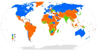 La migración mundial en 2016, en azul los países atractivos, en naranja los países de los que existe migración hacia los países atractivos. En color verde los países que mostraron movimientos migratorios insignificantes, en gris los países del cual no se recogieron datos. Fuente: Central Intelligence Agency (CIA), U.S.